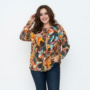 Westbound Multicolor Abstract Print Long Sleeve Cotton Blend Tee size 2X NWT